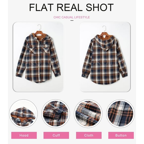 Womens Plaid Shacket Jacket Long Sleeve Button Down Fleece Hooded Jackets Warm C - Picture 6 of 8